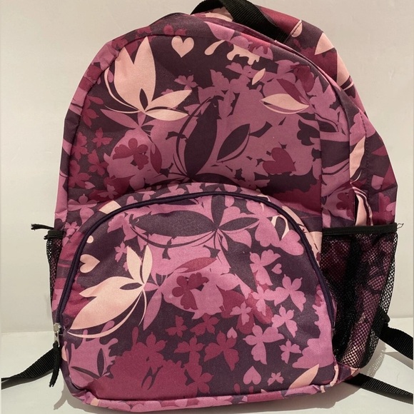 Navy, Pink Flowers Backpack with small pocket and two mesh pockets in side - Picture 1 of 7